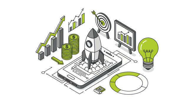 Isometric illustration of a rocket launching from a smartphone with business growth elements.