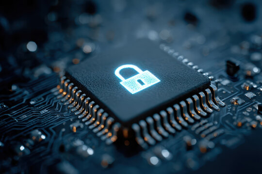 Digital security concept with glowing lock icon on microchip symbolizing digital literacy and protection in technology systems