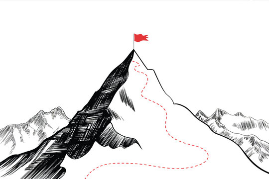Mountain design, snow covered peak red flag, black white illustration, cross hatching detail, dotted climbing path, success concept, minimalist style, white background