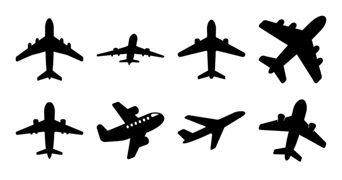 A collection of airplane silhouettes showcasing different aircraft designs and perspectives
