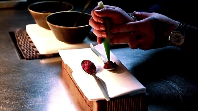 Focused culinary expert artfully assembles sophisticated appetizer under soft cinematic lighting