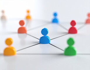 Fototapeta premium Colorful figurines connected by lines, representing a social network or community structure, with a central blue figure surrounded by others.