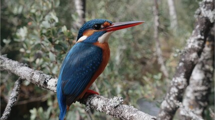 Fototapeta premium Vibrant blue and orange kingfisher perched on a lichen-covered branch in a lush forest habitat.