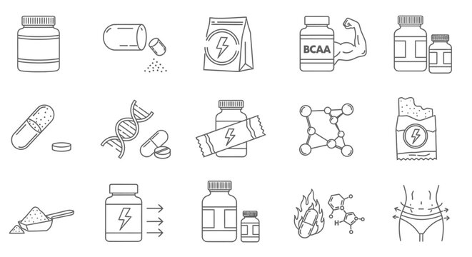 fitness and dietary supplements icon set for health workout and weight loss concepts featuring protein bcaa and energy products.