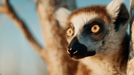 Fototapeta premium Close-up of a ring-tailed lemur clinging to a tree, staring intently with bright golden eyes in warm natural light.