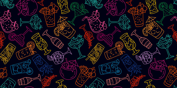 seamless pattern with neon line cocktails and tropical drinks on black background for night club bar menu and summer party