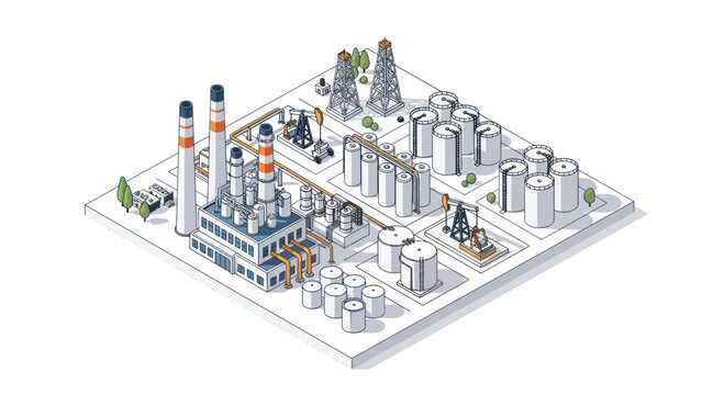 Industrial Complex with Oil Refinery and Storage Tanks.