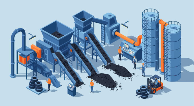 Industrial recycling plant processing waste materials with conveyor belts and silos.