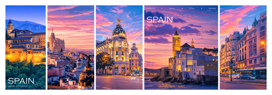 Colorful post stamps of Spain famous landmarks and architectures. Vector illustration of Spanish cities and tourist attractions. Covers for stamps, background, icons, stickers and advertisement.