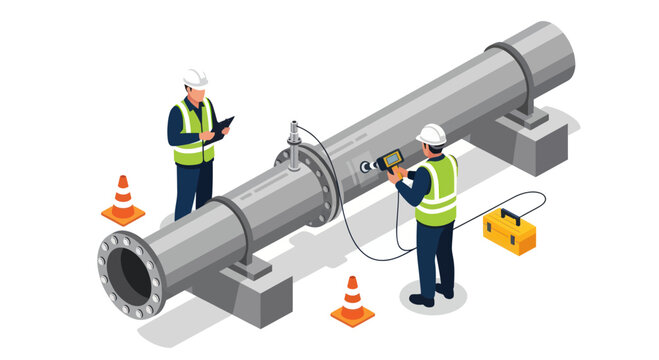 Industrial workers inspecting large pipeline with ultrasonic testing equipment.