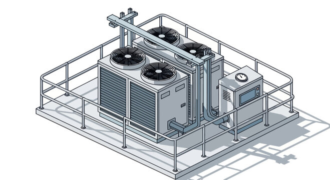 Isometric illustration of a rooftop HVAC unit with safety railing.