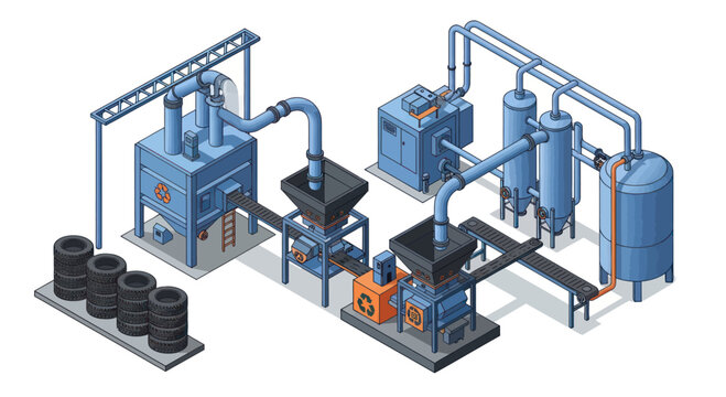 Isometric illustration of a tire recycling plant with various machinery.