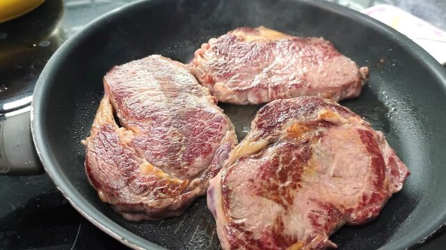 Beef stake frying on the pan .High quality 