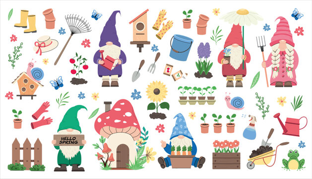 Large garden gnome vector set with tools plants flowers animals and spring elements for gardening