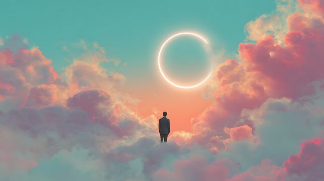 A man stands on clouds looking up at a solar eclipse in the sky