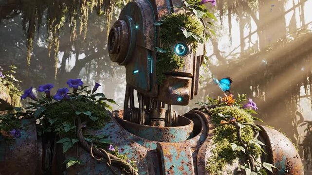 Overgrown robot in lush jungle