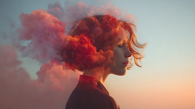 A woman with clouds emerging from her head in a surreal sunset scene