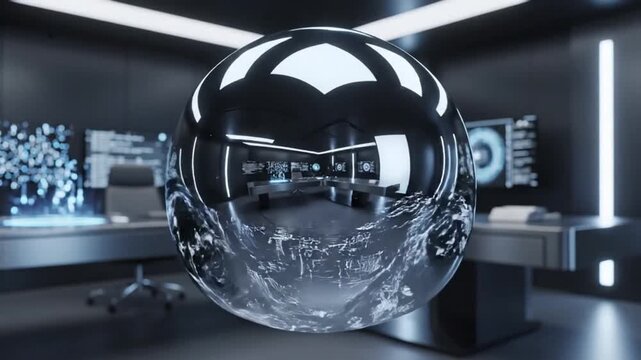 Futuristic chrome sphere lab interior