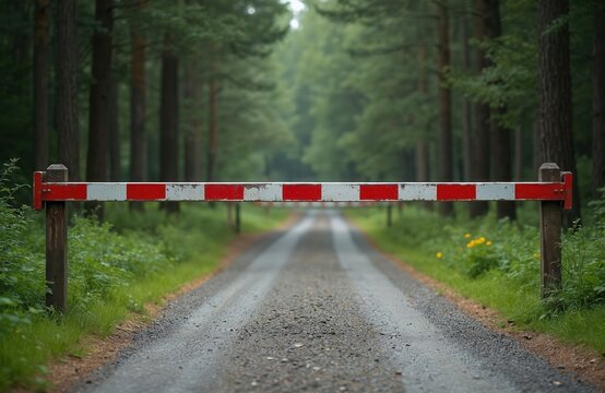Metal barrier with red and white stripes blocks forest dirt road. Nature path is inaccessible past barrier in woods. Trees line both sides of the track, green grass grows near gate.