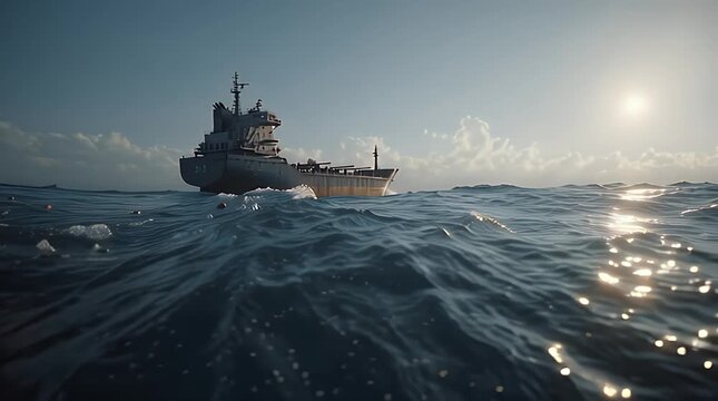 Industrial Ship at Sea Surrounded by Floating Plastic Debris Pollution
