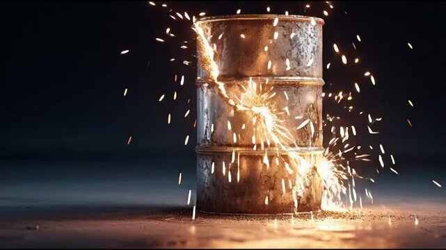 Sparks fly from a metal barrel, symbolizing industrial energy and a fiery, explosive process in a dark setting