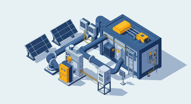 Isometric Industrial Solar Energy System with HVAC and Power Generation.