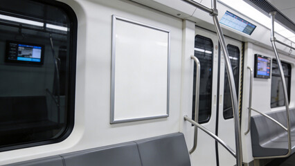 Fototapeta premium high-quality image featuring an empty poster mockup displayed on the side of a subway train in a bustling modern city.