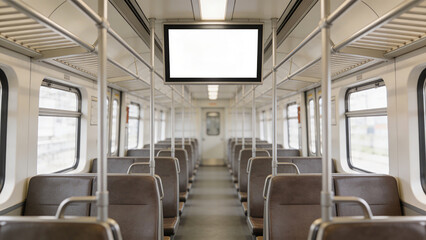Obraz premium high-quality image featuring an empty poster mockup displayed on the side of a subway train in a bustling modern city.