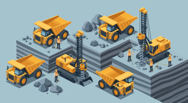 Isometric Mining Operation with Heavy Machinery and Workers.