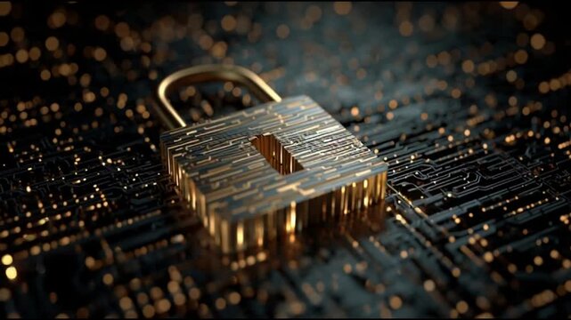 Secure Digital Future Gleaming golden padlock symbolizing robust cybersecurity and data protection integrated into a sophisticated electronic circuit board, representing advanced network defense