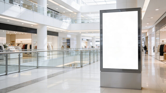 Shopping mall display with empty sign for advertising in department store.