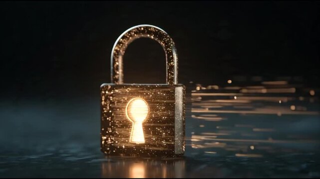 An illuminated padlock unlocked, symbolizing security, access, and digital protection with glowing keyhole and data streams