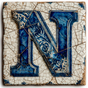 Azulejo antiguo con letra N de cer&aacute;mica azul desgastada, letra N vintage en baldosa r&uacute;stica con grietas aut&eacute;nticas, inicial N de cer&aacute;mica azul con textura envejecida y craquelada