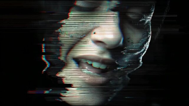 A mysterious human face, partially obscured by digital static and glitch effects, captures the unsettling essence of corrupted technology and fragmented identity in a modern, dark composition