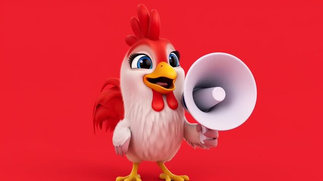 3D Animated Chicken Shouting with Megaphone on Red Background