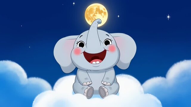 Cute Baby Elephant Sitting on a Cloud in the Night Sky