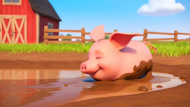 Happy Cartoon Pig Jumping and Playing in Mud Puddle on Farm