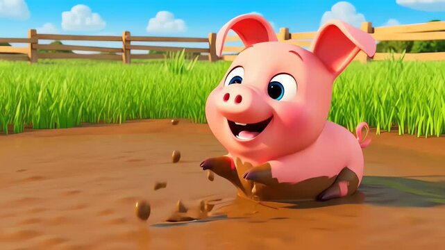 Cute Cartoon Piglet Happily Splashing in Mud Puddle on a Farm