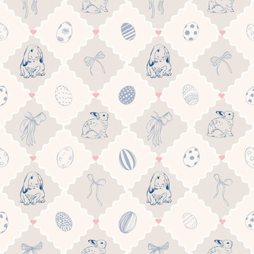Vintage Easter seamless pattern with hand-drawn rabbits, ornate eggs and bows in engraving style. Pastel spring background for textile and wallpaper.