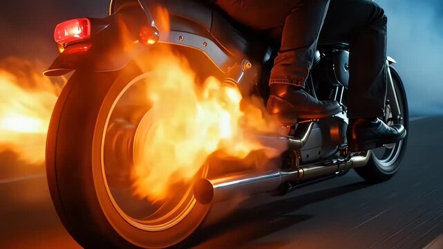 Biker Couple Riding Motorcycle at Night with Exhaust Flames