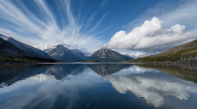 Calm lake reflects snow-capped mountains and a dramatic cumulus cloud under a blue sky