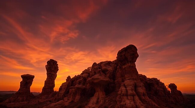 Craggy rock formations against a dramatic sunset sky with fiery orange and purple clouds