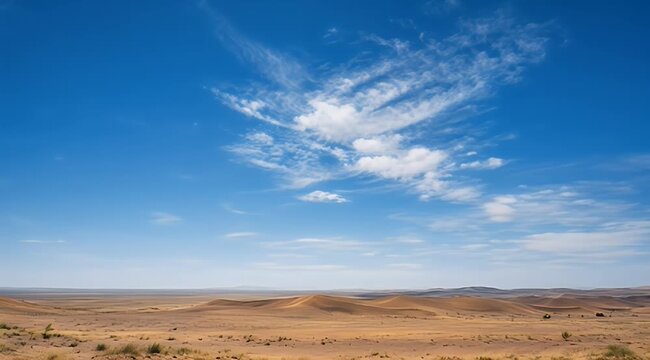 Vast arid landscape golden dunes, dry grass, under bright blue sky with wispy clouds
