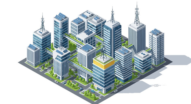 Futuristic Smart City Isometric Illustration with Solar Panels, Green Architecture, and Sustainable Urban Planning