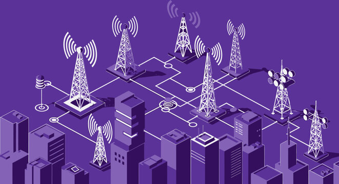 Isometric 5G Network Infrastructure with Telecommunication Towers and Smart City Buildings on Purple Background, Wireless Connectivity and IoT Concept