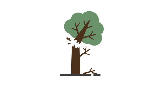 Minimal flat vector icon of broken tree with separated canopy and trunk, symbolizing ecosystem destruction