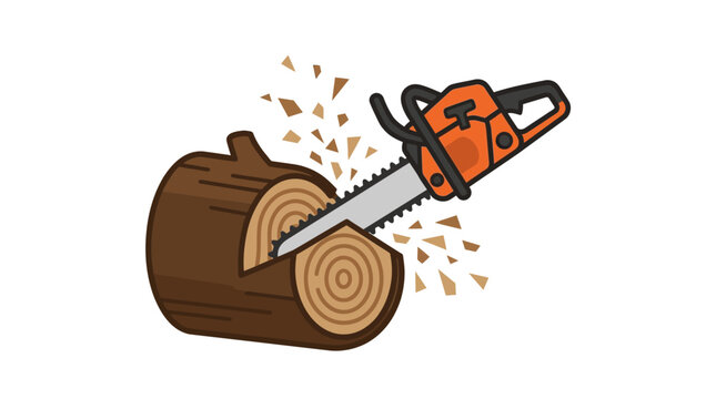Minimal flat vector icon of chainsaw cutting tree trunk at 45-degree angle 