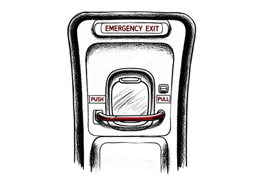 Close-up illustration of an airplane emergency exit door with push and pull instructions