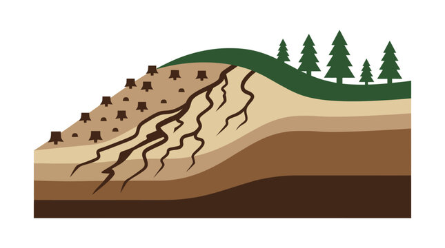 Minimal flat vector icon of hillside deforestation with cut trees and erosion lines, layered terrain design 