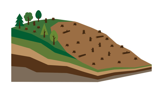 Minimal flat vector icon of hillside deforestation with cut trees and erosion lines, layered terrain design 